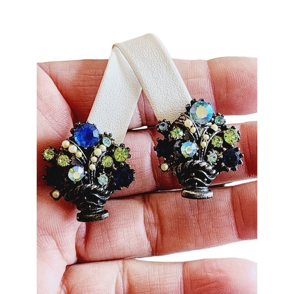 Vintage Signed Art Rhinestone Flower Vase Earrings (A1884) - Picture 2 of 4